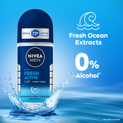 NIVEA Fresh Active, Antibacterial 72h Protection, 0% Alcohol, Fresh Ocean Extracts Deodorant Roll-on - For Men(50 ml)