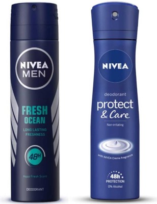 NIVEA Fresh Ocean & Protect & Care F 150ml F deo Set of 2 Deodorant Spray  -  For Men & Women(300 ml, Pack of 2)