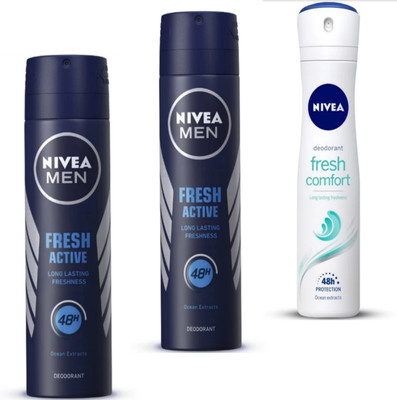 NIVEA Fresh Active 2 & Fresh Comfort 1 Deodorant Body Spray Set of 3 Deodorant Spray  -  For Men & Women(450 ml, Pack of 3)