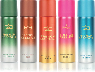 FRENCH ESSENCE Luxury Combo Pack Recharge,Oud,Aura,Bloom & Triumph (50ml Each) Long Lasting Deo Deodorant Spray  -  For Men & Women(250 ml, Pack of 5)