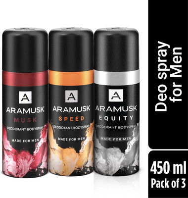 ARAMUSK MUSK, EQUITY & SPEED assorted Long Lasting Masculine Fragrance Deodorant Spray  -  For Men(450 ml, Pack of 3)