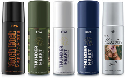 RIYA Black Rock, ThunderHeart Green, White, Blue, Bindas Grey Deodorant 40 ML Each Deodorant Spray  -  For Men(200 ml, Pack of 5)
