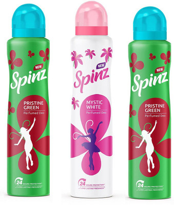 Spinz 2 PRISTINE GREEN ,1 MYSTIC WHITE DEODORANT 150 ML EACH , PACK OF 3 . Perfume Body Spray  -  For Men & Women(450 ml, Pack of 3)