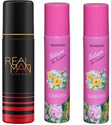 Real Man Fresh Mood Body Spray & Ramsons Air Freshner Garden Body Spray  -  For Men & Women(200 ml, Pack of 3)