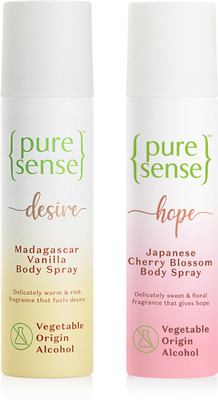 PureSense Body Spray Combo Japanese Cherry Blossom+ Madagascar Vanilla Long Lasting No Gas Deodorant Spray  -  For Men & Women(300 ml, Pack of 2)