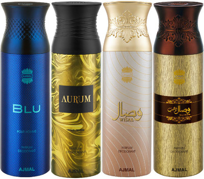 Ajmal Blu, Aurum, Wisal & Wisal Dhahab Each Deodorant Spray  -  For Men & Women(200 ml, Pack of 4)