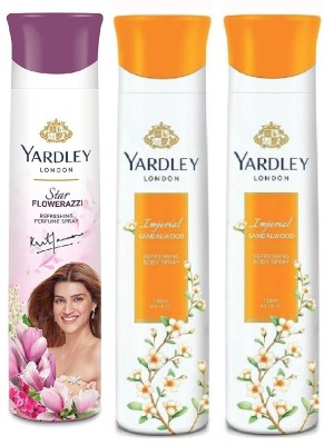 Yardley London 1 STAR FLOWERAZZI & 2 IMPERIAL SANDALWOOD , 150 ML EACH ,PACK OF 3 Deodorant Spray  -  For Men & Women(450 ml, Pack of 3)