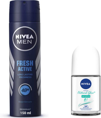 NIVEA Fresh Active Deo 150 ML & Natural Glow Sensitive Roll On 50 ML Deodorant Spray  -  For Men & Women(200 ml, Pack of 2)