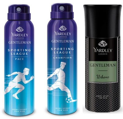 Yardley London 1 SPORTING LEAGUE PACE , 1 CHAMPION , 1 GENTLEMAN URBANE DEODORANT 150ML EACH Deodorant Spray  -  For Men & Women(450 ml, Pack of 3)