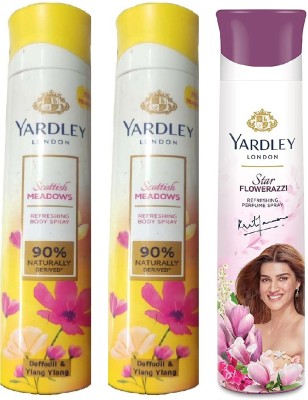 Yardley London 2 SCOTTISH MEADOWS & 1 STAR FLOWERAZZI , 150 ML EACH , PACK OF 3 Deodorant Spray  -  For Men & Women(450 ml, Pack of 3)