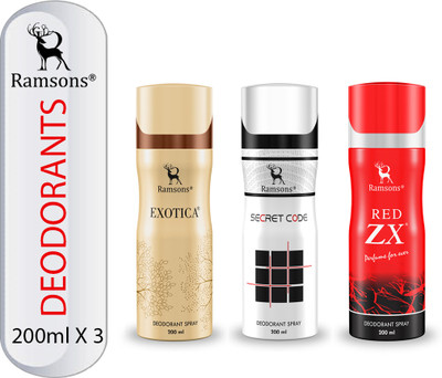 RAMSONS Exotica, Secret Code and Red ZX Deodorant Combo Deodorant Spray  -  For Men & Women(600 ml, Pack of 3)