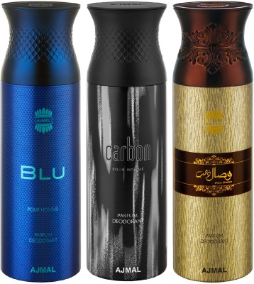 Ajmal Blu & Carbon & Wisal Dahab Each 200ML Deodorant Spray  -  For Men(200 ml, Pack of 3)