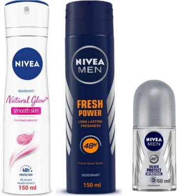NIVEA Deo -NG Smooth Skin , Fresh Power & SIlver Protect Roll On 50ML Deodorant Spray  -  For Men & Women(350 ml, Pack of 3)