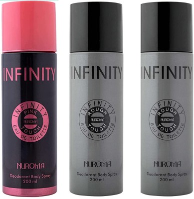 NUROMA Infinity 2 Rough Touch& 1PINK TOUCH Deo, 200ml Deodorant Spray  -  For Men & Women(600 ml, Pack of 3)