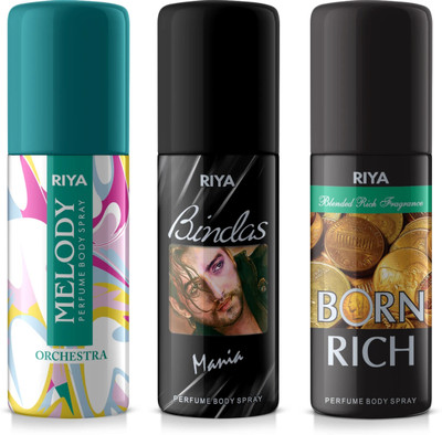 RIYA Melody Sea Green, Bindas Mania and Born Rich Deodorant | 40 ml Each | Combo of 3 Deodorant Spray  -  For Men & Women(120 ml, Pack of 3)