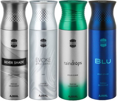 Ajmal Silver Shade, EvokeSilver Edition Homme, Raindrops & Blu Each 200ML Deodorant Spray  -  For Men & Women(200 ml, Pack of 4)