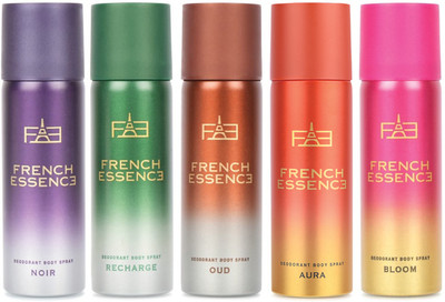 FRENCH ESSENCE Luxury Combo Pack Noir,Recharge,Oud,Aura & Bloom (50ml Each) Long Lasting Deo Deodorant Spray - For Men & Women(250 ml, Pack of 5)