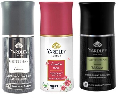 Yardley London 1 GENTLEMAN CLASSIC ,1 LONDON ROSE & 1 URBAN ROLL ON, 50ML EACH, PACK OF 3. Deodorant Roll-on  -  For Men & Women(150 ml, Pack of 3)