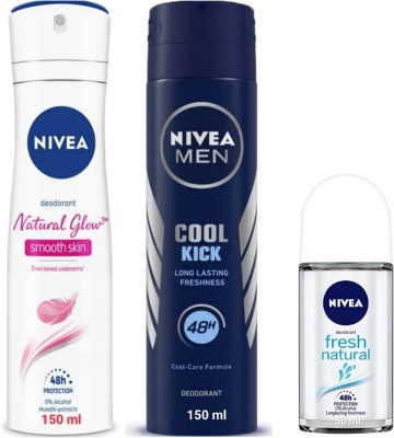 NIVEA Deo - NG Smooth Skin , Cool Kick & Fresh Natural Roll On 50ML Deodorant Spray  -  For Men & Women(350 ml, Pack of 3)