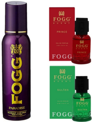 FOGG Paradise 120Ml & Prince 30Ml & Sultan 30Ml Scent Fragance Body (Pack Of 3) Body Spray  -  For Men & Women(180 ml, Pack of 3)