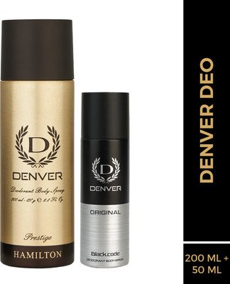DENVER Prestige Body Deo 200 ml & Black.code Nano 50 ml Deodorant Spray  -  For Men(250 ml, Pack of 2)