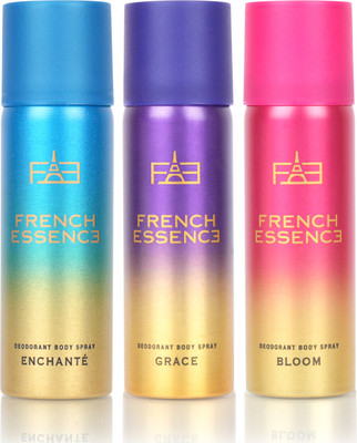 FRENCH ESSENCE Combi Pack Of Enchante, Bloom And Grace (50ml Each) Deodorant Spray – For Women  (150 Ml, Pack Of 3) For Rs. 91 @ 64 %