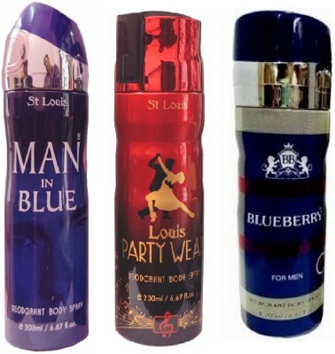 St. Louis 1 MAN IN BLUE 1 PARTYWER 1 BLUEBERRY DEODORANT 200ML EACH, PACK OF 3 . Perfume Body Spray  -  For Men & Women(600 ml, Pack of 3)