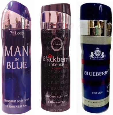 St. Louis MAN IN BLUE , BLACKBERRY , BLUEBERRY DEODORANT, 200ML EACH, PACK OF 3 . Perfume Body Spray  -  For Men & Women(600 ml, Pack of 3)