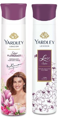 Yardley London 1 STAR FLOWERAZZI & 1 LACE SATIN , 150 ML EACH , PACK OF 2 Deodorant Spray  -  For Men & Women(300 ml, Pack of 2)