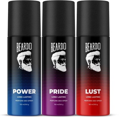 BEARDO Pride Perfume Deo Spray 150ml, Lust 150ml & Power Body Spray 150ml (Set of 3) Deodorant Spray  -  For Men(450 ml, Pack of 3)