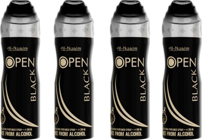 Al-Nuaim Open Black |Alcohol Free |Deodorant |Long Lasting Perfumed Spray 200ml Each Body Spray  -  For Men(800 ml, Pack of 4)