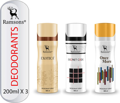RAMSONS Exotica, Secret Code and Once More Deodorant Combo Deodorant Spray  -  For Men & Women(600 ml, Pack of 3)