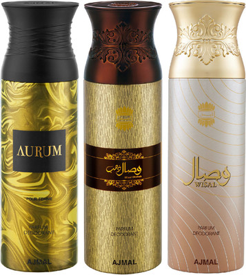 Ajmal 1 Aurum & 2 Wisal Dahab Each Deodorant Spray  -  For Men & Women(200 ml, Pack of 3)