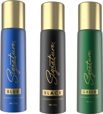 Signature Combo of 3 Blue, Black, Green Deodorant Spray  -  For Men & Women(210 ml, Pack of 3)