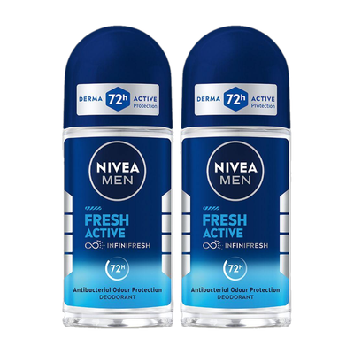NIVEA Fresh Active Combo, Antibacterial 72h Protection, 0% Alcohol, Ocean Extracts Deodorant Roll-on - For Men(100 ml, Pack of 2)