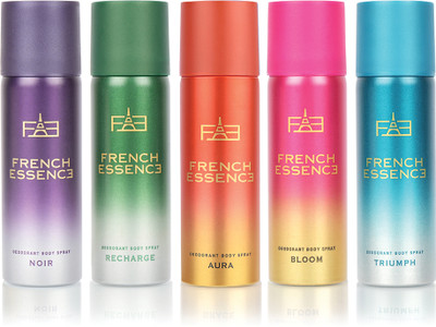 FRENCH ESSENCE Luxury Combo Pack Noir,Recharge,Aura,Bloom & Triumph(50ml Each) Long Lasting Deo Deodorant Spray - For Men & Women(50 ml, Pack of 5)