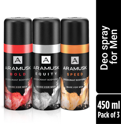 ARAMUSK BOLD, EQUITY & SPEED assorted Long Lasting Masculine Fragrance Deodorant Spray  -  For Men(450 ml, Pack of 3)