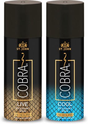 ST-JOHN Cobra Deo Cool (150 Ml) & Cobra Deo Live (150 Ml) Deodorant Spray – For Men (300 Ml, Pack Of 2) For Rs. 227 @ 62% off