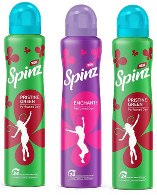 Spinz 2 PRISTINE GREEN DEODORANT ,1 ENCHANTE DEODORANT ,150 ML EACH , PACK OF 3 . Body Spray  -  For Men & Women(450 ml, Pack of 3)