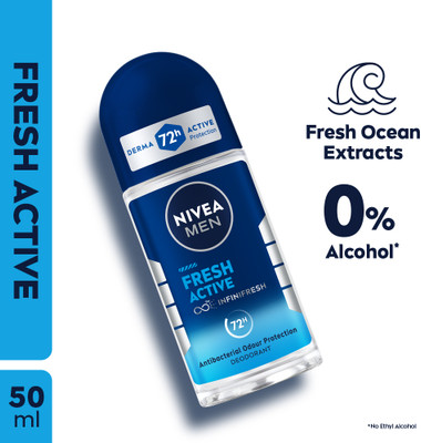 Nivea Men Fresh Active, Antibacterial 72h Protection, 0% Alcohol, Fresh Ocean Extracts Deodorant Roll-on - For Men(50 ml)