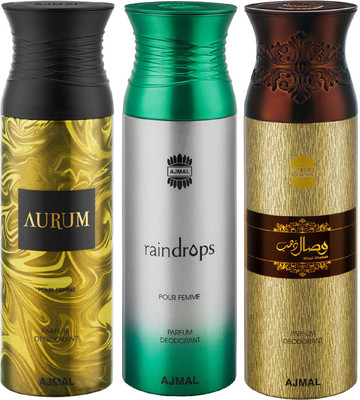 Ajmal Aurum & Raindrops & Wisal Dahab Deodorant Spray Deodorant Spray Deodorant Spray  -  For Men & Women(600 ml, Pack of 3)