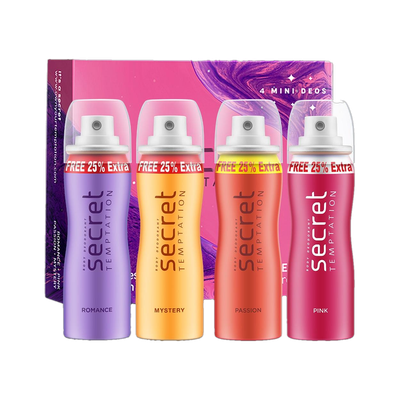 Secret Temptation Travel Pack with Pink, Romance, Mystery and Passion Mini Deodorant Spray  -  For Women(200 ml, Pack of 4)