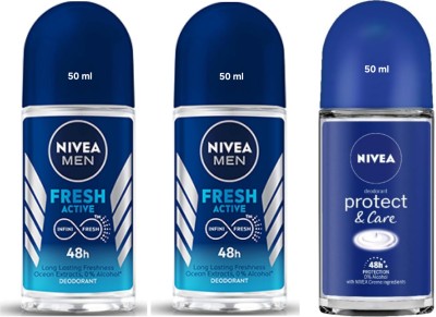 NIVEA Rollon 50ml. - Fresh Active -2pcs & Protect & Care W. (Pack of 3) Deodorant Roll-on  -  For Men & Women(150 ml, Pack of 3)