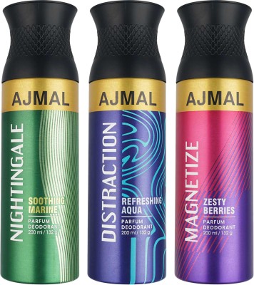 Ajmal Nightingale & Distraction & Magnetize Deodorant Combo Pack of 3 Deodorant Spray  -  For Men & Women(600 ml, Pack of 3)