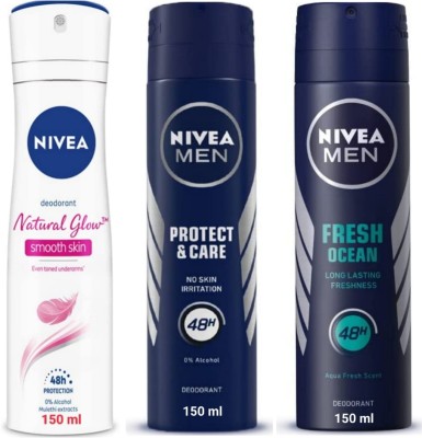 NIVEA Natural Glow Smooth Skin , Protect & Care Men and Fresh Ocean Deodorant Spray  -  For Men & Women(150 ml, Pack of 3)