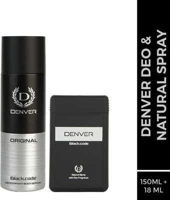 DENVER Black.code Body Deo & Pocket Perfume (150 + 18 ml) Deodorant Spray  -  For Men(168 ml, Pack of 2)