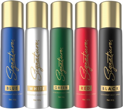 SIGNATURE Blue|Black|Green|White|Red Long Lasting Fragrance (70ML Each) Combo Deodorant Body Spray  -  For Men & Women(350 ml, Pack of 5)