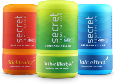 Secret Temptation Active Lifestyle, Brightening and Talc Effect Deodorant Roll-on  -  For Women(150 ml, Pack of 3)