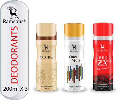 RAMSONS Exotica, Once More and Red ZX Deodorant Combo Deodorant Spray  -  For Men & Women(600 ml, Pack of 3)