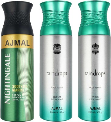 Ajmal Nightingale and 2 Raindrops each 200ML Deodorant Spray  -  For Men & Women(600 ml, Pack of 3)